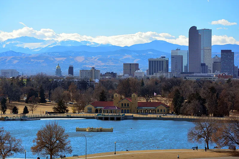 Denver-Colorado Downtown Denver, Colorado Skyscrapers with the Rocky Mountains in the Background on a Sunny Winter Day